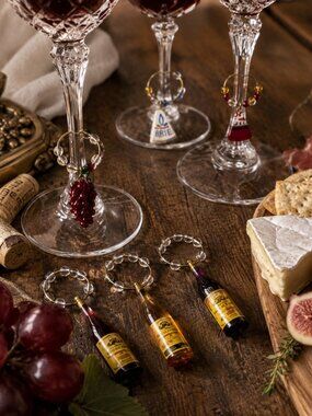 Set of 12 Vintage Wine Glass Charms – Food & Wine Theme Stem Markers with Mini W